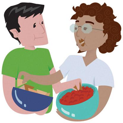 people talking and holding bowls